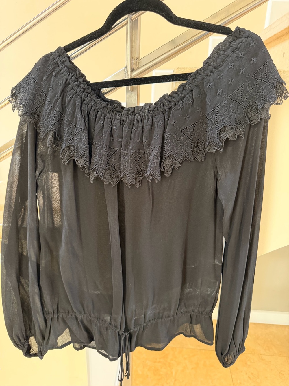 Vintage Ghost Black Off-Shoulder Lace Trim Sheer Blouse